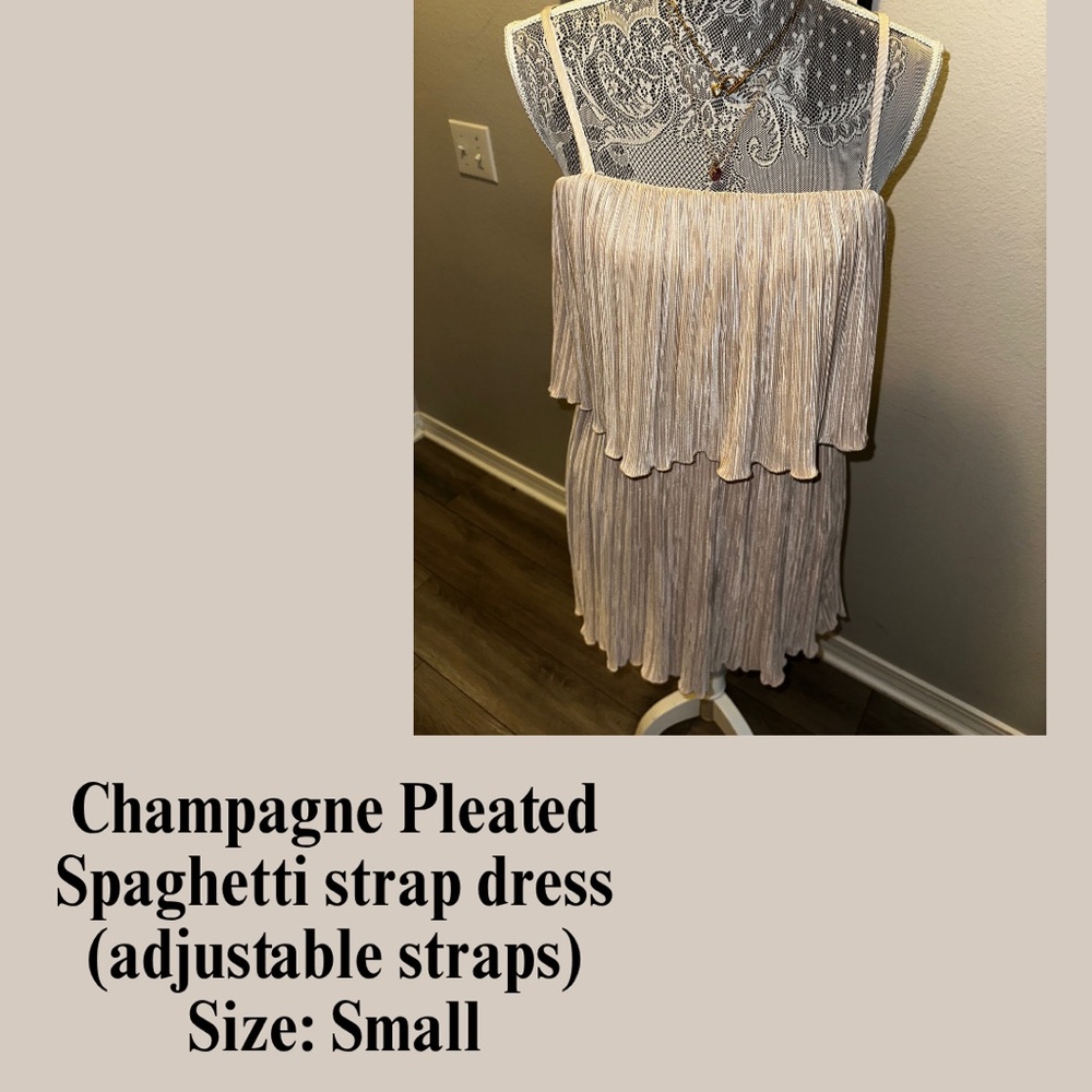 Champagne Pleated Spaghetti Strap Dress